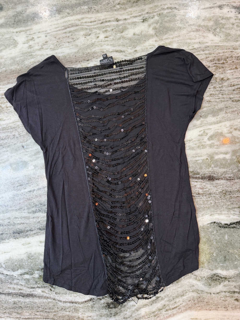 Daytrip Black Short-Sleeve Top with Sequin Sheer Back